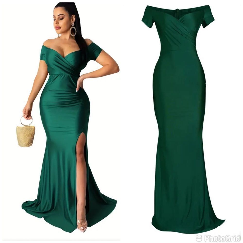 Off Shoulder Split Thigh Dress Elegant Solid Bodycon Cocktail Party Maxi…